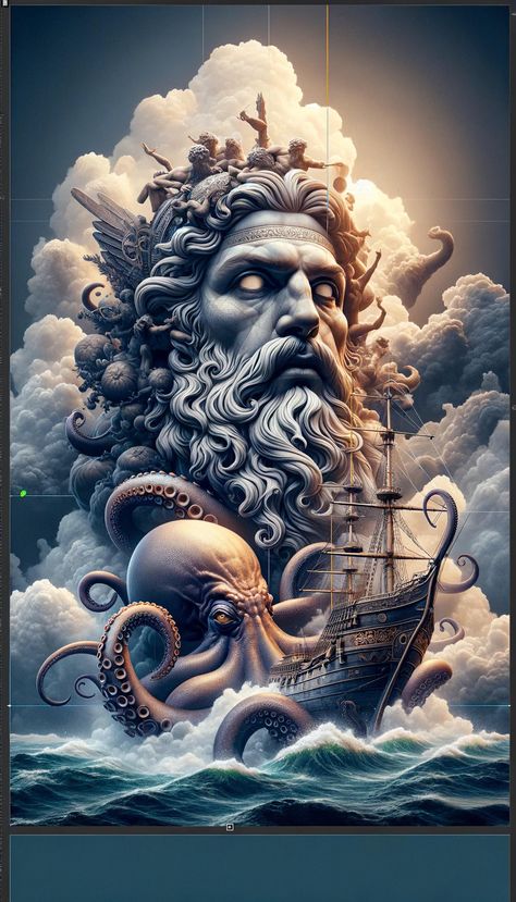 Poseidon Kraken Tattoo, Greek Ship, Poseidon Sleeve Tattoo Design, Poseidon Inspired Tattoo, Poseidon Tattoo Design, Greek Tattoos Poseidon, Realism Poseidon Tattoo, Ship Tattoo Sleeves, Hai Tattoo