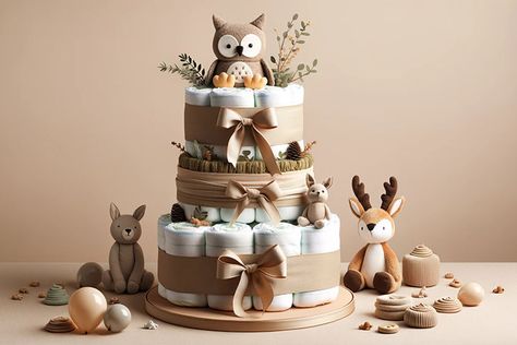 Small Diaper Cakes, Diaper Cake Ideas, Baby Nappy Cakes, Diaper Cake Instructions, Woodland Creatures Baby Shower, Winter Baby Shower Themes, Adventure Awaits Baby Shower, Diy Diaper Cake, Nappy Cake