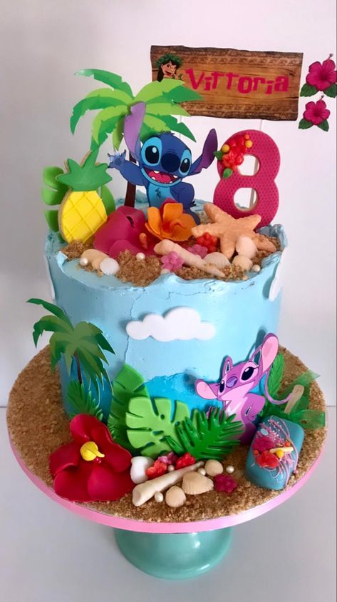 Hawaiian Stitch Cake, Stitch Hawaiian Cake, Stitch Beach Cake, Stitch And Angel Birthday Cake, Stitch Torte, Stitch And Angel Birthday Party, Stitch Cake Ideas, Stitch Cake Design, Stitch And Angel Cake