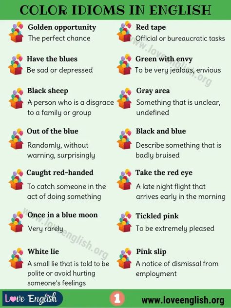 Color Idioms: 29 Awesome Color Idioms to Develop Your English - Love English Colour Idioms With Meanings, Color Idioms, Love Idioms, Idioms In English, English Grammar For Kids, Grammar For Kids, English Love, Idioms And Phrases, Saree Poses