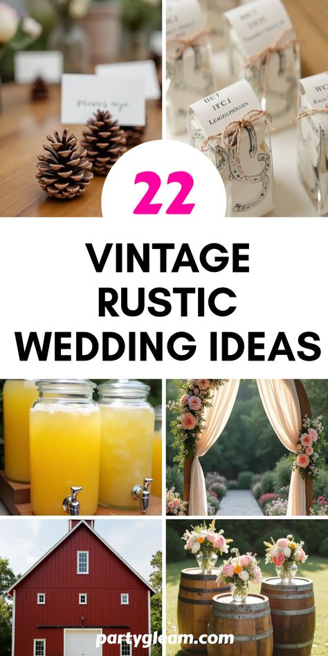 Looking for inspiration for your big day? Check out these 22 amazing rustic wedding ideas that will make your celebration unforgettable! From adorable pinecone place card holders to charming horseshoe wedding favors, embrace the beauty of rustic elegance. Picture breathtaking barn venues, sleek barrel cocktail tables, and refreshing lemonade in chic drink dispensers. Top it all off with a stunning rustic wooden arch as your backdrop. Great ideas to achieve that country-chic look and feel you desire for your unique celebration. Wood Slice Wedding Decor, Elegant Country Wedding Ideas, June Country Wedding, Vintage Rustic Wedding Ideas, Horseshoe Wedding Favors, Rustic Wedding Summer, Rustic Wedding Table Setting, Horseshoe Wedding, Vintage Rustic Wedding