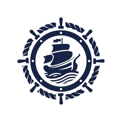 Ship and vintage ship wheel logo design icon vector Port Logo Design, Navy Logo Design, Wheel Logo Design, Ship Logo Design, Sailor Logo, Shipping Logo, Marine Logo, Sailing Pictures, Nautical Logo