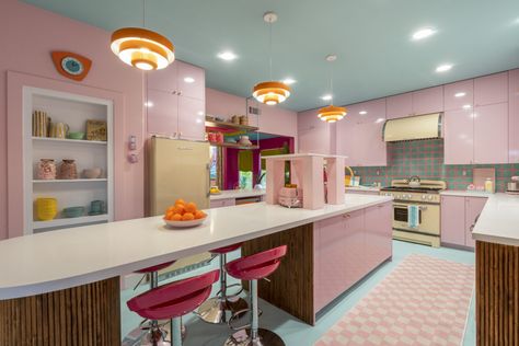 Barbie Dream House Kitchen, Barbie Hotel, Space Candy, Upholstered Banquette, Patterned Tile Backsplash, Real Barbie, Barbie Dreamhouse, Hgtv Star, Food Network Star