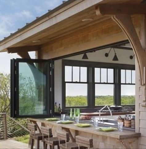 Kitchen Window Bar, Kitchen With Bar, Pass Through Window, Window Bars, Converted Garage, Hill Country Homes, Outdoor Kitchen Decor, Indoor Outdoor Kitchen, Casa Country