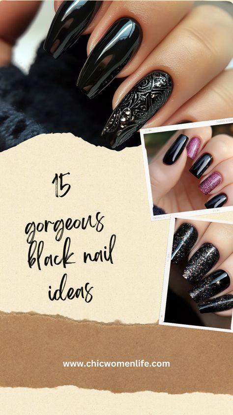 15 gorgeous black nail ideas Formal Black Nails, Black Nail Inspo 2024, Black Dip Nails Ideas, Black Nail Ideas, Dessert Quotes, Fruit Animals, Velvet Nails, Black Nail Designs, Green Fruit