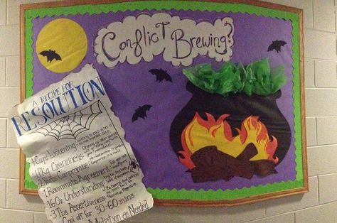 Halloween themed Roommate Conflict Bulletin Board (A Recipe for Resolution) October Bulletin Board Ideas, Dorm Bulletin Boards, October Bulletin Board, Resident Assistant Bulletin Boards, October Bulletin Boards, Ra Themes, College Bulletin Boards, Tales Of Halloween, Fall Bulletin Board