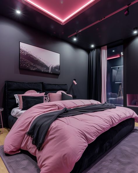 70 Modern Pink Bedroom Design and Decor Ideas for Home Owners – CreativeBooster Black Interior Design Bedroom, Black And Pink Bedroom, Modern Pink Bedroom, Wall Paint Inspiration, Black Walls Bedroom, Pink Bedroom Walls, Bold Bedroom, Pink Bedroom Design, Luxury Room Bedroom