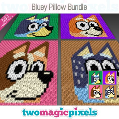 Bluey Pillow Bundle by Two Magic Pixels Bluey Bingo Crochet Blanket, Magic Pixels, Cross Stitch Plastic Canvas, Two Magic Pixels, Cross Stitch Graph, Crochet Kids Blanket, Crochet Quilt Pattern, C2c Graph, Sc Crochet