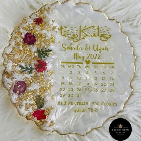 Elegant Resin Coasters ✨ Elevate your Nikkah and Engagement celebrations with our elegant resin coasters, perfect for memorable gifting! Each piece captures the beauty of the occasion, making it a timeless keepsake. Gift something special, unique, and unforgettable. Golden Glow Hampers - Crafting moments that last forever. Can customize as your wish..... DM to more details . . . . . #nikkahessentials #engagementgift #resincoasters #elegantkeepsake #timelessgifts #weddinginspiration #golden... Resin Frame Ideas, Wedding Calendar, Personalised Calendar, Fashion Drawing Tutorial, Marriage Gifts, Resin Frame, Rose Gold And Silver, Engagement Celebration, Dried Rose Petals