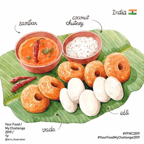 𝗠𝘆 𝗻𝗮𝗺𝗲 𝗶𝘀 𝗟𝗲 𝗥𝗶𝗻© on Instagram: “Your Food My Challenge 2019 No.12/60: Idli, Vada, Sambar and Coconut Chutney India 🇮🇳 #YFMC2019 #YourFoodMyChallenge2019…” Idli Sambar Illustration, Dosa Painting, Drink Painting Art, Indian Food Drawing, Indian Food Illustration, Karnataka Travel, Idli Vada, Idli Sambar, Recipe Book Design