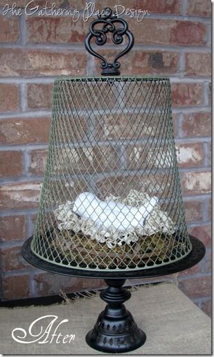 Wire cloche from an old mesh wastebasket, homemade cake stand, and a drawer pull.... wow! Thrift Crafts, Basket Drawer, Home Made Cake, Cupcake Tier, Koti Diy, Wire Cover, Deco Originale, Waste Basket, Wire Baskets