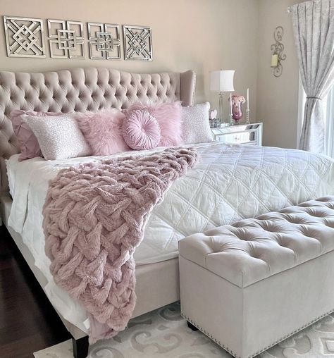 Blush Pink Bed, Cream And Pink Bedroom, Neutral Tones Bedroom, Neutral Tone Bedroom, Glam Bedroom Ideas, Bedside Table White, Cream Bedrooms, Pink Bed, Grey Ottoman