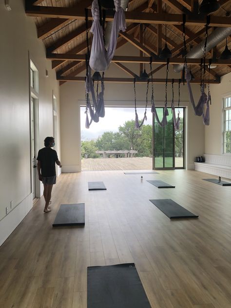 This is a dream for the mezzanine exercise area but I have NO idea if it can be done! Aerial Silk Hammock, Wellness Center Design, Home Yoga Studio, Yoga Place, Yoga Aerial, Aerial Silk, Yoga Studio Design, Home Yoga, Austin Homes