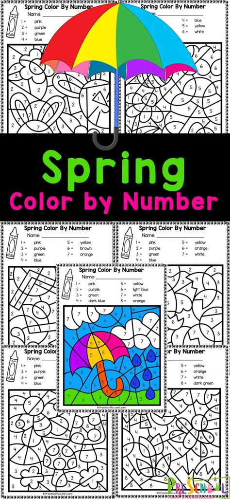 Make working on number recognition fun with these spring color by number pages. These spring color by number printables are filled with color by code images of springtime. As pre-k, kindergarten, and first graders colour by numbers in these free spring worksheet for preschool they will be strengthening their hand muscles while having fun with a spring learning activity! Color By Number Printable Free, Spring Color By Number, Number Preschool, Flower Crafts Preschool, Spring Learning Activities, Spring Coloring Sheets, Number Printables, Spring Worksheet, Preschool Sight Words