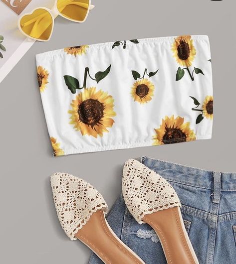 Sunflower Clothing, High Neck Crop Top, Swimsuits Outfits, Black Bandeau, Sleeveless Tops Summer, Crop Top Outfits, Sunflower Print, Fashion Design Clothes, Cute Summer Outfits