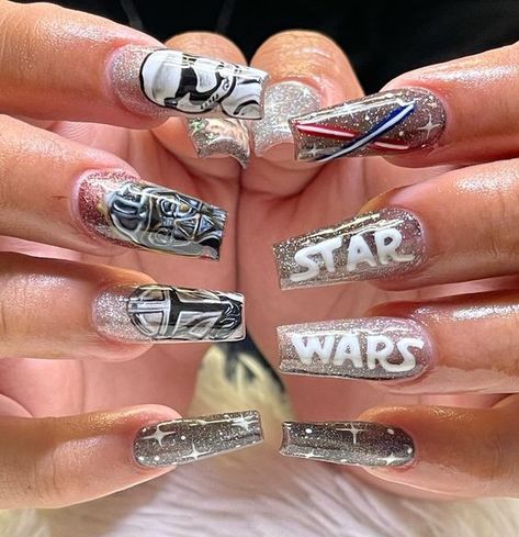 Fandom Nail Designs, May The 4th Nails, Starwars Nail Designs, Star Wars Christmas Nails, Star Wars Nails Acrylic, Star Wars Acrylic Nails, Star Wars Nail Designs, Darth Vader Nails, Grogu Nails