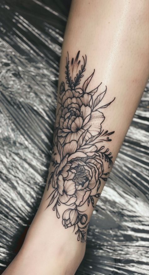 Black And White Peonies Tattoo, Peony Ankle Tattoos For Women, Floral Black And White Tattoo, Carnation Tattoo Black And White, Floral Tattoo Sleeve Black And White, Black And White Floral Sleeve Tattoo, Black And White Flowers Tattoo, Floral Sleeve Tattoo Black And White, Peony Leg Tattoo