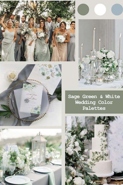 Sage White Silver Sage Green and White Wedding Color Schemes Bridemaids Dress Bridal Party Table Setting Invitation Centerpieces Bouquet Wedding Cake White Wedding Color Schemes, Bridesmaids Theme, Wedding Colors Sage Green, Wedding Colors Sage, White Wedding Table Centerpieces, Sage Green And White Wedding, Bridal Party Table, Sage Green Wedding Colors, 25th Wedding Anniversary Party