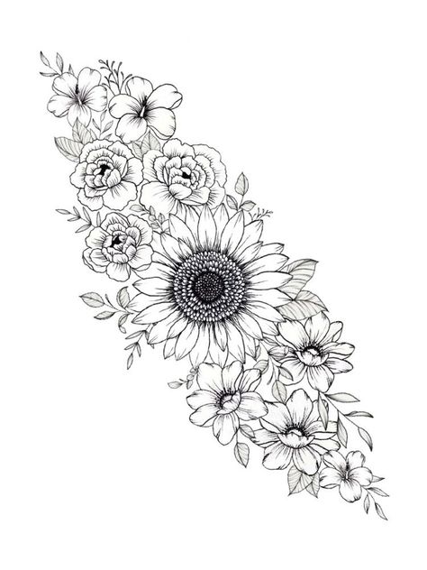 Floral Tattoo Design Sleeve Color, Fine Liner Flowers, Liner Tattoo Design, Flower Arrangement Tattoo, Sunflower Tattoo Design Drawings, Mandala And Flower Tattoo, Floral Tattoo Design Sleeve, Female Hand Tattoo, Procreate Tattoo Design