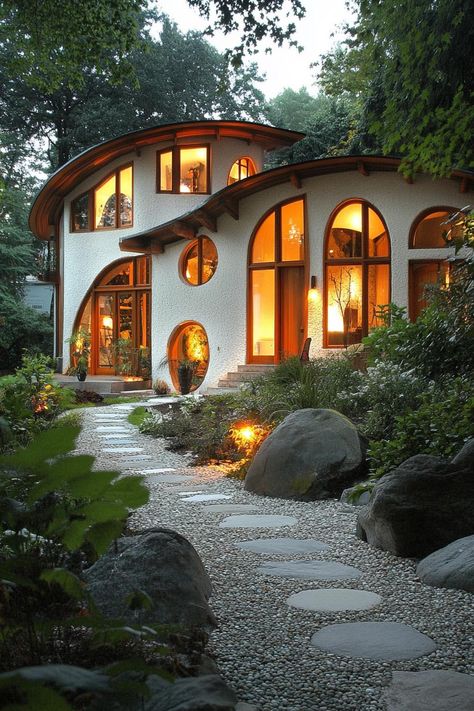 Modern cob house with curved facade and round windows arched doors pebble mosaic facade curved wood plank roof front yard with cobblestone path. Sustainable house designs that blend eco-friendly charm with smart efficiency, all while sprinkling a bit of fun into your home blueprint.