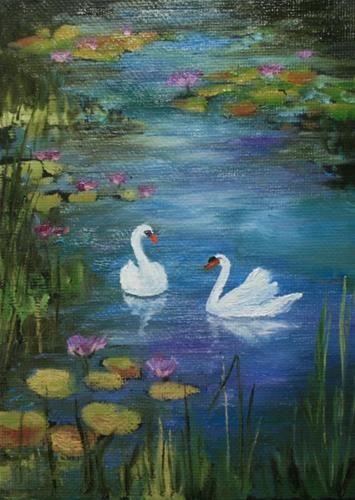 Daily Paintworks - "Swans in Monets Garden" - Original Fine Art for Sale - © Jean Nelson Swan In Lake Painting, Swan Painting Acrylic Easy, Paint Swan, Swan Lake Painting, Swan Paintings, Swans Painting, Beautiful Paintings Of Nature, Duck Painting, Swan Art