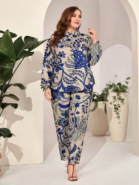 Royal Blue Boho Collar Long Sleeve  Floral,All Over Print  Embellished Non-Stretch  Plus Size Co-Ords Plus Size Fashion For Women Indian, Designer Indian Suits, Shaping Swimwear, 80 Fashion, Set Plus Size, Coord Set, Best Swimsuits, Beautiful Dress Designs, Simple Pakistani Dresses