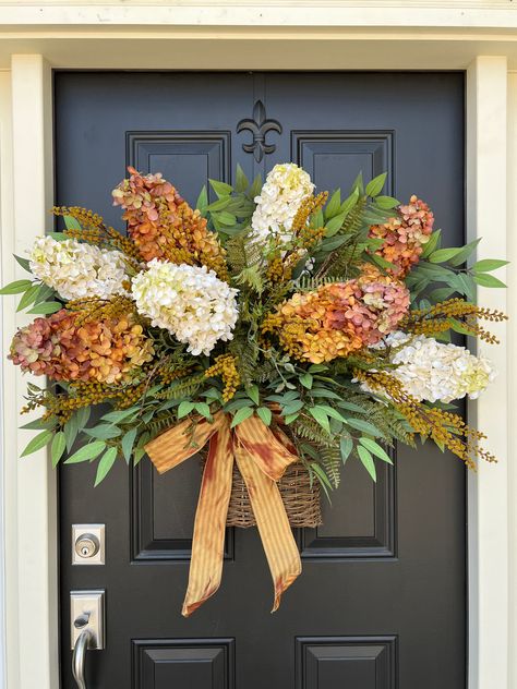 Fall Hydrangea Cones and Foliage Basket Wreath - TwoInspireYou Fall Boxwood Wreath, Fall Front Door Basket, Fall Hanging Baskets Front Porches, White Fall Wreath, Fall Door Basket, Fall Door Wreaths, Door Baskets, Twig Basket, Fall Entry