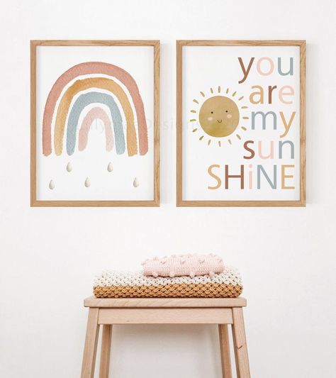 Muted Rainbow Nursery, Rainbow Nursery Art, Sunshine Nursery, Boho Rainbow Nursery, Boho Rainbow Wall, Wall Art Rainbow, Deco Jungle, Nursery Decorations, Rainbow Decor