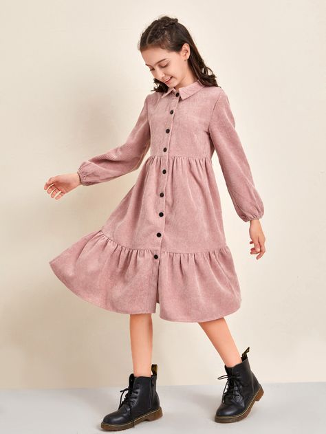 Dusty Pink Casual  Long Sleeve Corduroy Plain Shirt  Non-Stretch Fall/Winter Girls Clothing Cord Shirt, Dress Anak, Kids Fashion Dress, Kids Designer Dresses, Fashion Tops Blouse, Plain Shirt, Kids Outfits Girls, Dresses Kids Girl, Girls Fashion Clothes