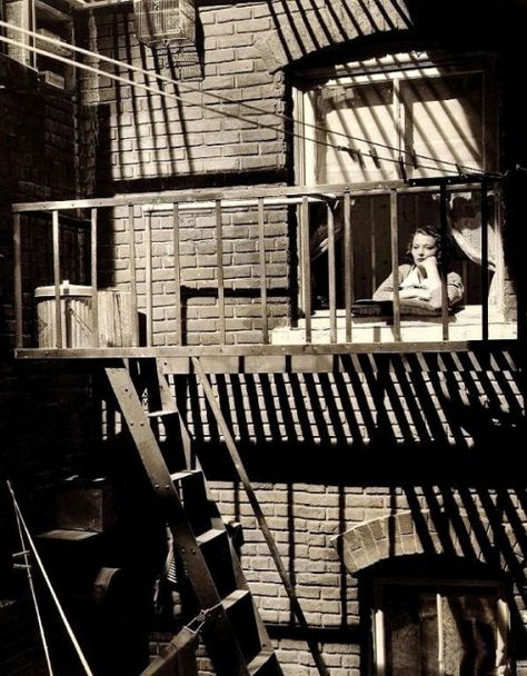 Sylvia Sidney in Dead End (1937, dir. William Wyler), a crime drama set in the grim, crowded tenements of East New York. Sylvia Sidney, The Glass Menagerie, William Wyler, Glass Menagerie, Fire Escape, Dead Ends, Dead End, Looking Out The Window, West Side Story