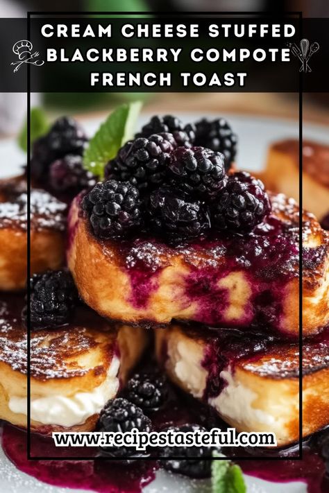 Indulge in this decadent Cream Cheese Stuffed Blackberry Compote French Toast, featuring thick slices of brioche or challah stuffed with whipped cream cheese and served with a luscious homemade blackberry compote. Perfect for a special breakfast or brunch, this dish is sure to impress family and friends. Blackberry Recipes Easy, Blackberry Cream Cheese, Blackberry Compote, Stuffed French Toast Cream Cheese, Brioche French Toast, Special Breakfast, Blackberry Recipes, Stuffed French Toast, Easter Breakfast