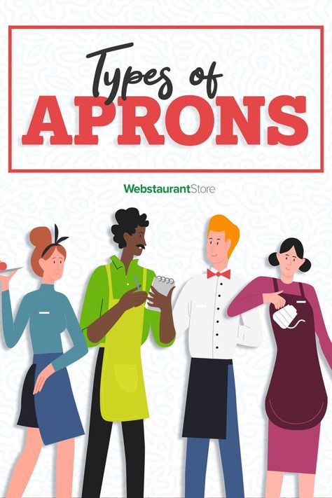 Four illustrated people are shown in various types of aprons with "Types of Aprons" written. Restaurant Staff, Best Chef, Chef Apron, Apron Designs, Restaurant Design, Different Styles, Apron, Tap, How To Find Out