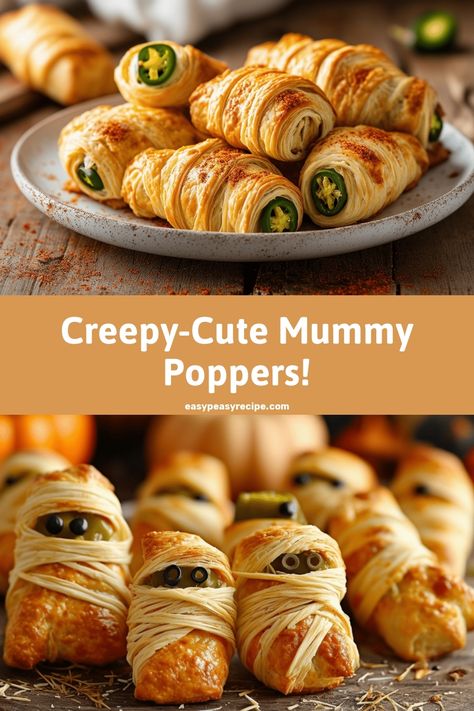 A plate of jalapeño poppers wrapped in crescent rolls to resemble cute mummies. Halloween Jalapeno Poppers, Quick Sweets, Energy Bites Healthy, Welcome To My Kitchen, Unique Appetizers, Jalapeno Popper Recipes, Easy Zucchini Recipes, Spicy Appetizers, Jalapeño Poppers