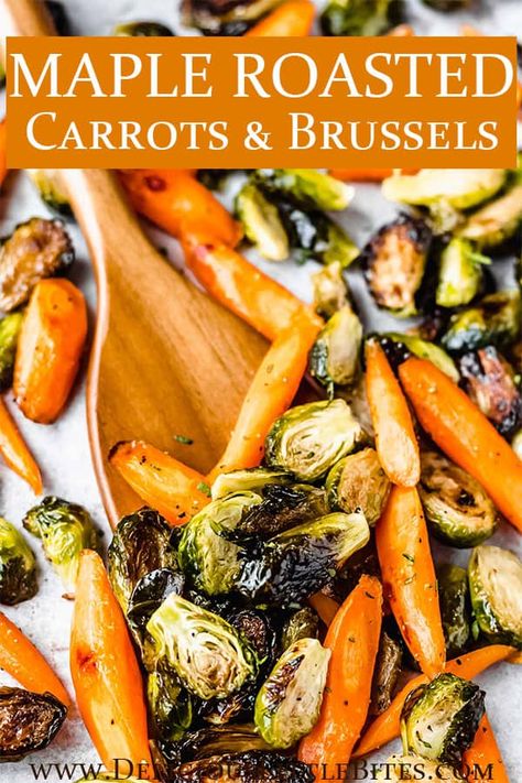 This recipe for a sweet and savory vegetable medley uses Brussels sprouts, carrots, maple syrup and a couple basic seasonings to create a flavorful side dish. Maple Roasted Brussels Sprouts and Carrots are easy to prepare, deliciously sweet and savory flavored, and a healthy complimentary side dish to serve alongside a variety of main courses. | #carrots #brusselssprouts #roastedvegetables #vegetablemedley #sidedish Sweet Roasted Vegetables, Easter Brussel Sprout Recipes, Roasted Carrots Brussel Sprouts, Brussel Sprouts Carrots Roasted, Carrot Medley Recipes, Balsamic Brussel Sprouts And Carrots, Maple Roasted Veggies, Carrots And Brussel Sprouts Recipe, Brussel Sprout Carrot Recipes