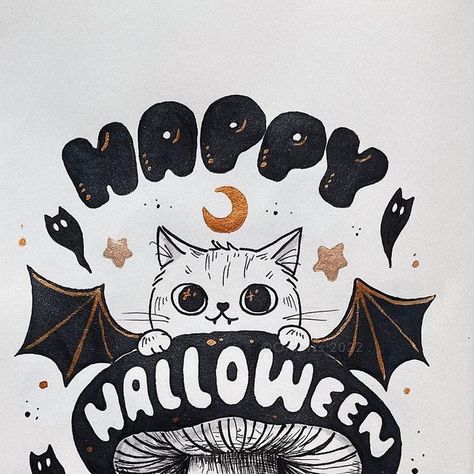 Ora | Oraarts on Instagram: "HAPPY HALLOWEEN🦇🎃✨ ·.· 𝙳𝚊𝚢 31 ·.· The last day of the #drawtober challenge! I’m so happy this year I was able to finish all 31 drawings 🥳 . . Materials: • Moleskine sketchbook • UniPin pens • Coliro Pearlcolors . . . #inktober2022 #drawingchallenge #artchallenge #catart #catdrawing #catillustration #catartist #illustration #cuteart #cuteartwork #mushroomillustration #mushroomart #fungiart #penandink #inkillustration #sketchbookart #moleskinesketchbook #catshroo Unipin Pens, Fungi Art, Happy Halloween Day, Moleskine Sketchbook, Cats Artists, Mushroom Art, Ink Illustrations, The Last Day, Drawing Challenge