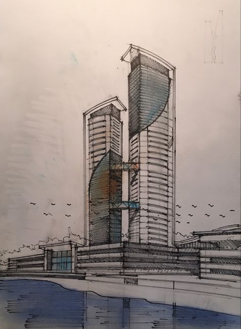 Skyscraper Architecture Drawing, Skyscraper Sketch, Unique Buildings Architecture, Architecture Blueprints, Architecture Drawing Plan, Interior Architecture Drawing, Facade Architecture Design, Architecture Concept Diagram, Architecture Sketchbook