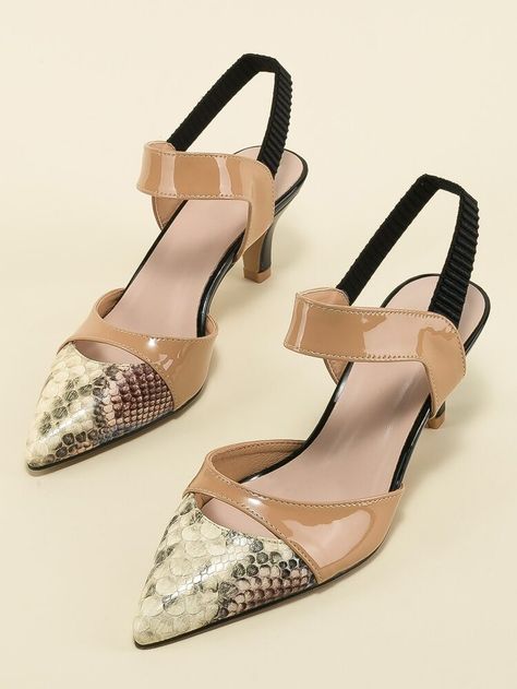 Colorblock Snakeskin Print Point Toe Slingback Pumps | SHEIN USA Strap Wedge, Boot Print, Chunky Heels Sandals, Canvas Shoes Women, Snakeskin Print, Elevate Your Look, Slingback Pump, Black Slip Ons, Valentino Studs