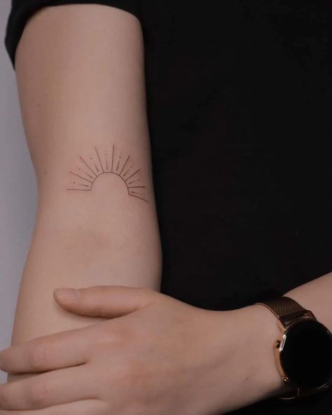 Half Sun Forearm Tattoo, Dainty Half Sun Tattoo, Half Sun Matching Tattoo, Half Sun Arm Tattoo, Sun And See Tattoo, Half Sun Wrist Tattoo, Half Sun Outline Tattoo, Half Sun Back Tattoo, Sunshine Arm Tattoo