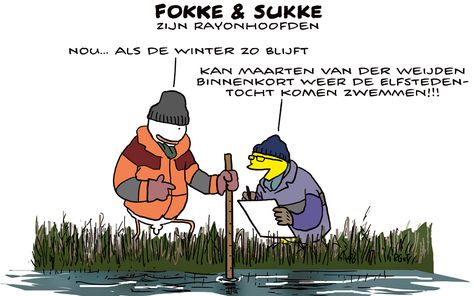 "F:Nou..als de winter zo blijft...S: Kan Maarten van der Weijden binnenkort weer de Elfstedentocht komen zwemmen"   #humor #afbeeldingen #foksuk Baseball Cards, Baseball, Humor, Van, Twitter, Water, Humour