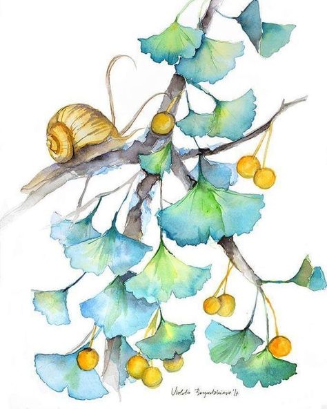 Ginkgo Art, Flower Art Drawing, Watercolor Flower Art, Plant Painting, Ginkgo Biloba, 수채화 그림, Garden Painting, Green Home, Green Home Decor