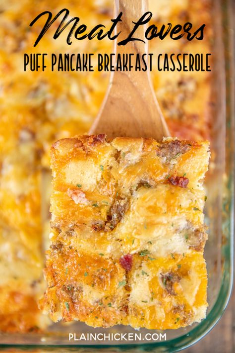 Pancake Mix Recipe Ideas Dinner, Pancake Breakfast Casserole, Xmas Brunch, Breakfast Potluck, Pancake Mix Recipe, Puff Pancake, Breakfast Bacon, Breakfast Casserole Bacon, Baked Pancakes