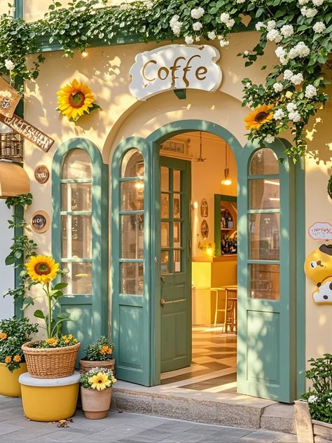 Yellow Coffee Shop, Small Cafe Design, Bookstore Cafe, Cafe Shop Design, Small Cafe, Cute Cafe, Bakery Design, Shop Fronts, Coffee Shop Design