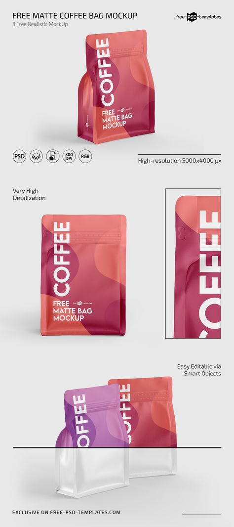 In it, we’ve gathered three flawless templates that showcase a medium-sized flat-bottom coffee packaging bag, with a resealable zipper. Packaging Template Design, Coffee Wine, Packaging Designs, Bag Mockup, Packaging Bag, Free Coffee, Psd Template Free, Coffee Packaging, New Packaging