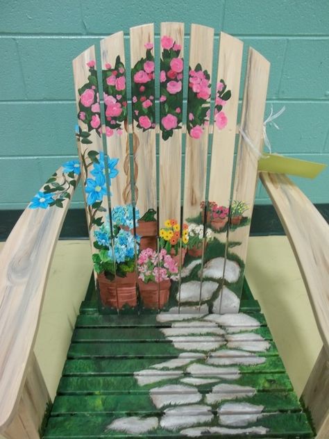 Adirondack gift Painted Adirondack Chairs Ideas, Popsicle Stick Adirondack Chair, Adarondic Chairs Painted, Watercolor Adirondack Chair, Black Adarondic Chairs, Pins, Flowers, Gifts, Art