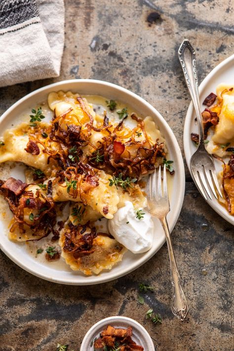 Cheddar Pierogies with Caramelized Onions and Bacon | halfbakedharvest.com #pierogi #homemade #Christmas Half Baked Harvest Recipes, Pierogi Recipe, Harvest Recipes, Half Baked, Half Baked Harvest, Caramelized Onions, Onions, Cheddar, Main Dishes