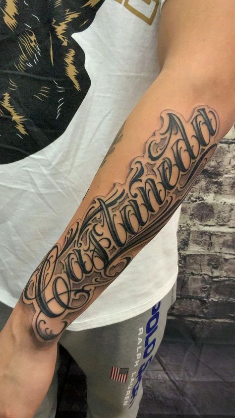 Last Name Forearm Tattoo Men, Tattoo Name Ideas For Men, Garcia Tattoo Last Name, Arm Lettering Tattoo, Last Name Tattoos For Men, Guys Names, Name Tattoos For Men Forearm, Forearm Name Tattoos, Last Name Tattoos