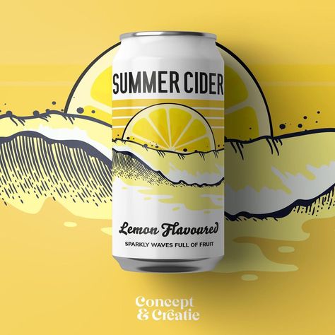 Concept & Creatie | Design on Instagram: “Day 2 of the #dothe100dayproject 😄 For today another variation of summe cider, Summer Cider Lemon! 🍋 Are you a fan of lemon flavoured…” Packaging design, packaging designer, verpakking ontwerp California, summer, package design, can, soda, yellow, waves, product verpakking, blikje, verpakking, graphic design, grafisch vormgeven, brand identity, huisstijl, logo Cider Can Design, Lemon Packaging Design, Lemonade Packaging Design, Summer Packaging Design, Lemon Graphic Design, Lemonade Branding, Lemon Packaging, Lemonade Packaging, Drink Can Design