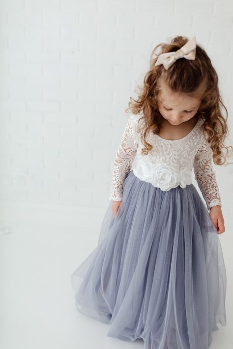 Dusty Blue Flower Girl Dress Romantic White Lace Girls - Etsy Dusty Blue Flower Girl Dress, Dusty Blue Flower Girl, Girlie Clothes, Blue Flower Girl Dress, Flower Girl Dresses Blue, Toddler Ideas, Long Sleeve Wedding Dress, White Lace Wedding Dress, Blue Ball Gowns