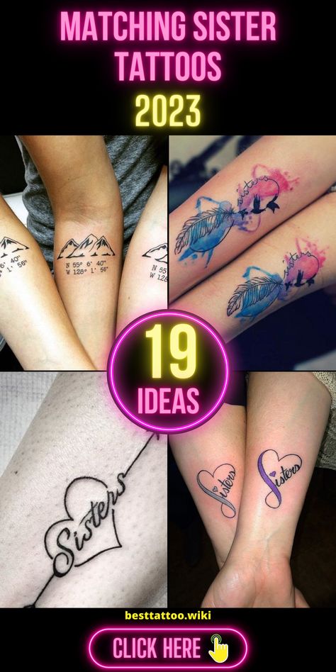 Discover the enchanting world of matching tattoos for sisters, a unique and deeply meaningful way to celebrate the extraordinary bond between siblings. Whether you opt for tiny and minimalist designs or choose something more intricate, like Taylor Swift-inspired ink or enchanting Disney-themed creations, these tattoos serve as an enduring testament to the unbreakable connection shared by sisters. Sister Tats Matching, Unique Matching Sister Tattoos, Best Sister Tattoos Ideas, Tattoo For Sisters Matching, Sister Symbol Tattoos For 2, Soul Sister Tattoo Ideas, 3 Sister Tattoos Matching, Sister Disney Tattoos, Sister Tatoos Idea