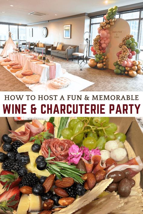 Photos of wine and charcuterie party setup with pink and green balloons, an indoor picnic, and a close up of a charcuterie tray Wine And Charcuterie Party, Charcuterie Dinner, Wine And Charcuterie, Charcuterie Board Party, Charcuterie Party, Charcuterie Board Meats, Board Party, Bachelorette Party Weekend, A Charcuterie Board